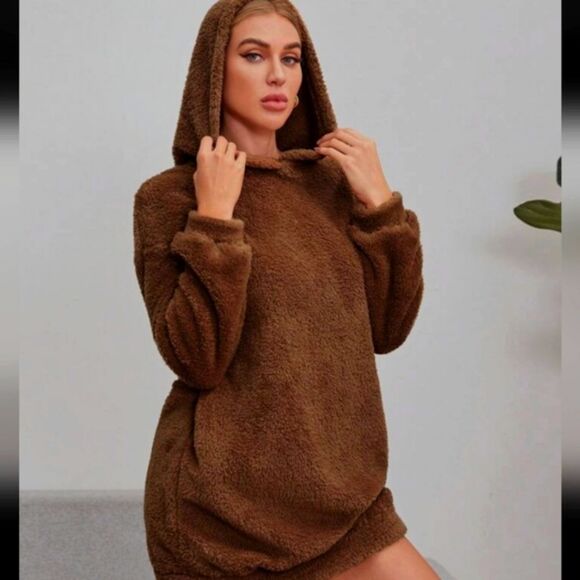 SHEIN Essnce Rust Brown Drop Shoulder Hooded Teddy Sweatshirt Mini Dress - Picture 3 of 13